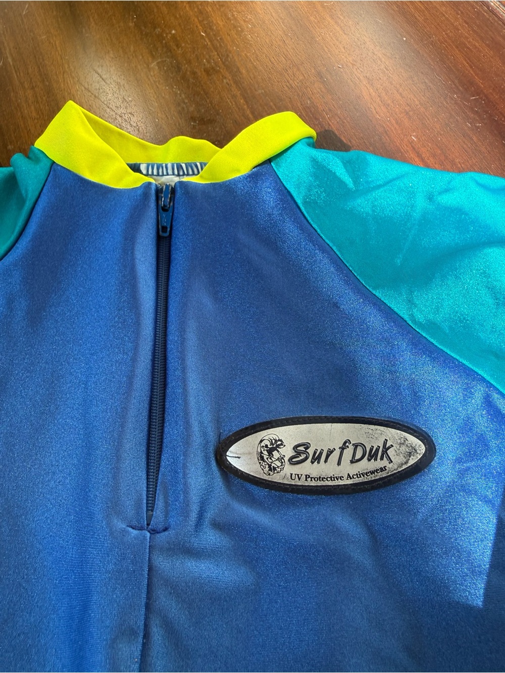 Kids Blue Teal One-Piece Swim Rashguard with Yellow Trim